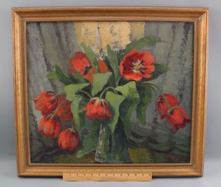 Antique German Emy Rogge Floral Still Life Oil Painting,  Red Tulip Flowers,  Nr