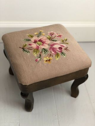 Antique Vintage Cross Stitch Step Stool Foot Rest Pink Roses Wooden Legs