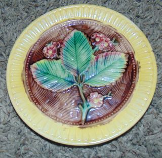 Antique Majolica Plate Brown Scalloped 3 Strawberry Leaf W/ Red Flowers 8 "