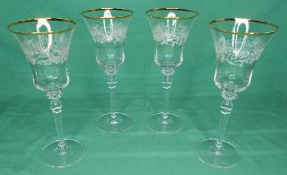 4 Mikasa Antique Lace Crystal Wine / Water Glasses 9 1/8 Gold Trim White Flowers