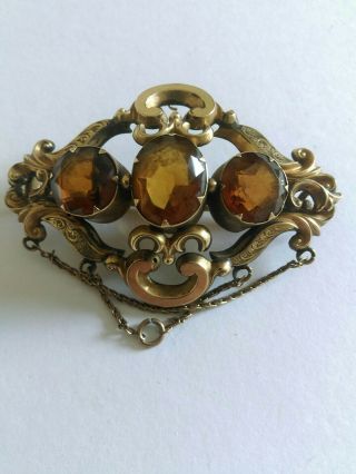 Antique Brooch/pin Brown Stones Set On Gold Coloured Setting 5.  5 X 3.  5cm
