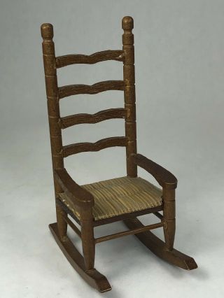 Vtg Dollhouse Miniature Wooden Ladder Back Rocking Chair With Woven Wicker Seat