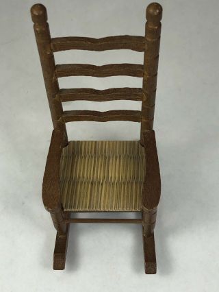 Vtg Dollhouse Miniature Wooden Ladder Back Rocking Chair with Woven Wicker Seat 2