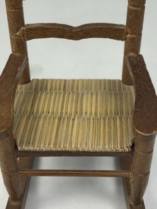 Vtg Dollhouse Miniature Wooden Ladder Back Rocking Chair with Woven Wicker Seat 3