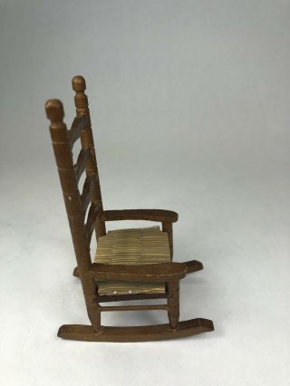 Vtg Dollhouse Miniature Wooden Ladder Back Rocking Chair with Woven Wicker Seat 4