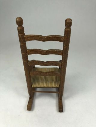 Vtg Dollhouse Miniature Wooden Ladder Back Rocking Chair with Woven Wicker Seat 5