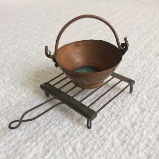 Antique Era Dollhouse Miniature Kitchen Cooking Utensils; Steel Rack,  Copper Pot