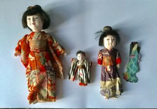 Three Antique Japanese Ichimatsu Geisha Dolls Gofun Head Spare