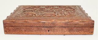 Hand Carved Vintage Eastern Dark Wood Hunter Cigar Or Desk Top Hinged Box 3