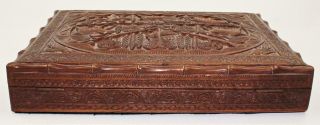 Hand Carved Vintage Eastern Dark Wood Hunter Cigar Or Desk Top Hinged Box 5