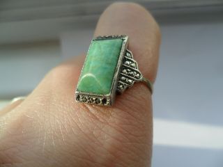 Vintage Antique Jewellery Art Deco Silver Marcasite Amazonite Gold Band Ring