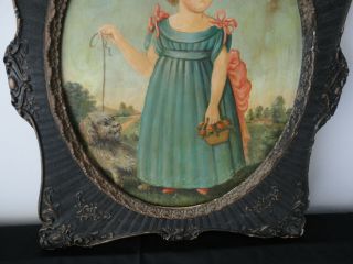 Antique Folk Art Painting Girl Pretty Dress Flower Basket Cute Puppy Americana? 5