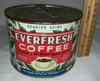 Antique Everfresh Coffee Tin Litho 1lb Keywind Can Koenig Cincinnati Oh
