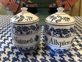 Antique Blue Onion German Nutmeg And Allspice Spice Jars&covers