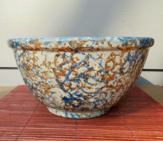 Antique Red Wing Pottery Stoneware Mixing Bowl - Rust & Blue Spongeware - 10.  5 "
