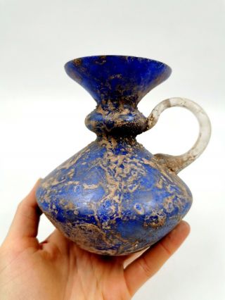 RARE LARGE ROMAN CA.  100 AD COBALT BLUE GLASS SINGLE HNADLE JAR - RARE - R641 3