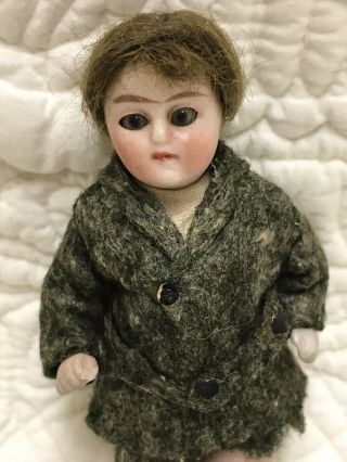 Antique German All Bisque Mignonette Boy Doll Blue Glass Eyes Clothing