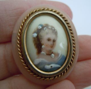 Antique French Limoges Hand - Painted Portrait Brooch Pin Trombone Clasp France