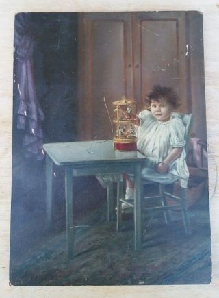 Signed Antique Vintage Miniature Portrait Painting Pretty Young Girl With Toy