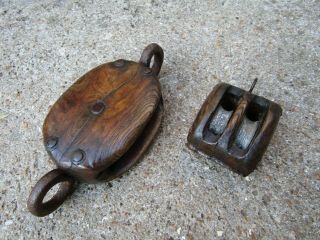 2 Antique Sailing Ship Rigging Wooden Tackle Pulley Block Winch Rope Wheel Hook
