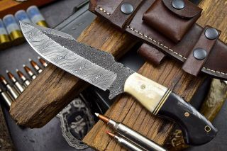 Cfk Handmade Hammered Damascus Custom Camel Bone & Horn Hunting Camp Blade Knife