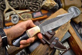 CFK Handmade Hammered Damascus Custom Camel Bone & Horn Hunting Camp Blade Knife 4