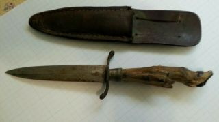 Antique Austrian Dagger With Deer Hoof Handle And Leather Sheath