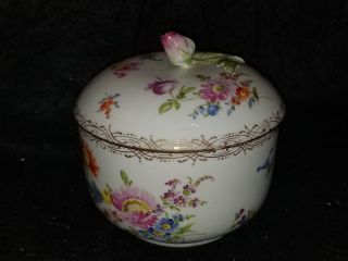 Antique Meissen Porcelain Hand Painted Floral Covered Sugar Bowl Rose Finial
