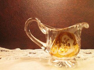 Vtg Antique Amber Yellow Stained Glass Syrup Pitcher Creamer Bohemian Etched