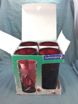 4 Nib Vintage Antique Ruby Luminarc Coolers Glasses Tumblers