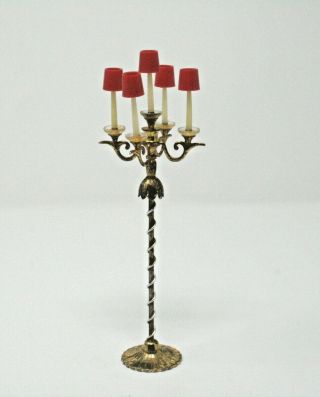 Vintage Miniature Dollhouse 5 - Arm Candle Floor Lamp Stand With Red Shades 6 " Tal