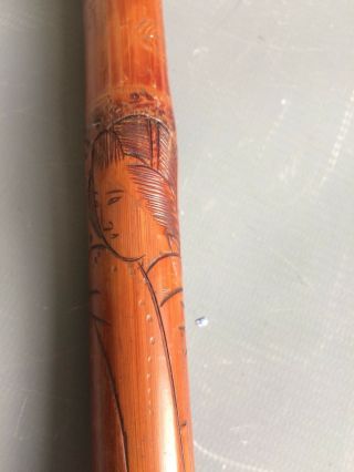 Antique Vintage Japanese Carved Bamboo Cane Walking Stick 87cm