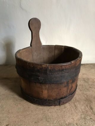 Early Antique Wooden Handmade Piggin Handled Bucket Iron Banded Aafa Patina