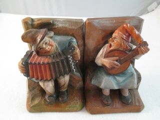 Pair 2 Antique Anri Carved Wood Book Ends Gnomes Playing Concertina & Mandolin