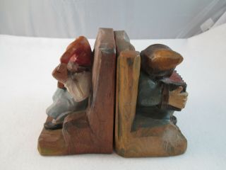 Pair 2 antique Anri carved wood book ends Gnomes playing concertina & mandolin 2