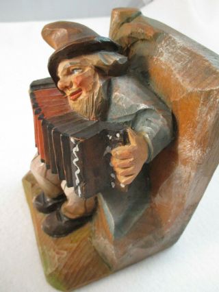 Pair 2 antique Anri carved wood book ends Gnomes playing concertina & mandolin 3