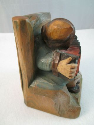 Pair 2 antique Anri carved wood book ends Gnomes playing concertina & mandolin 4