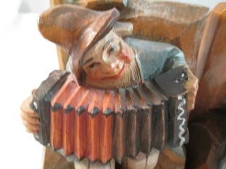 Pair 2 antique Anri carved wood book ends Gnomes playing concertina & mandolin 5