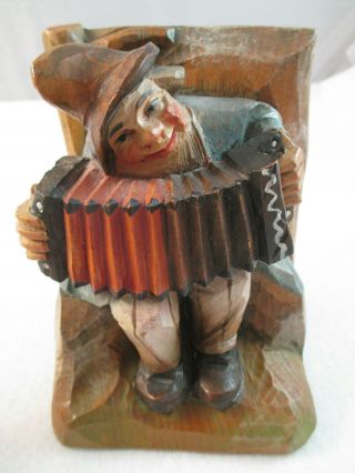 Pair 2 antique Anri carved wood book ends Gnomes playing concertina & mandolin 6