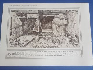 World War One Antique Print Wwi British Officers Trench / Dug Out Illustration