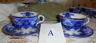 Antique Flow Blue 2 Cups Saucers Gold Trim John Maddock Sons Dainty Circ 1890s A