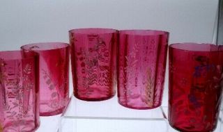 Tumblers Small Antique Set Of 5 Cranberry Glass Floral Painted Late 19th Century