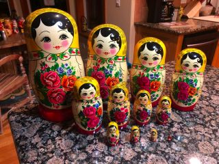 Vintage Large Semenov Maidens Russia/ussr Nesting Dolls Complete Set Of 12