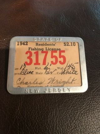 Vtg 1942 Jersey Fishing License With Holder By Whitehead & Hoag,  Newark,  Nj
