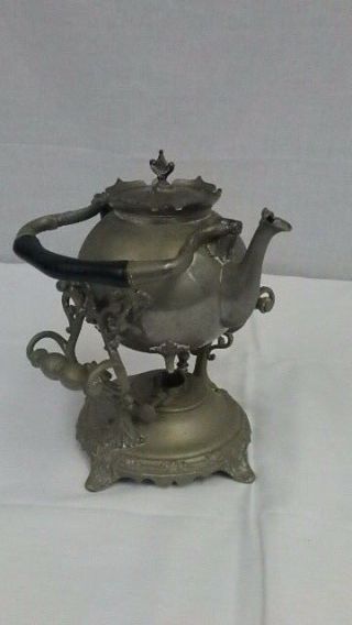 Antique Rare Elegant Ornate Brass Tea Pot /kettle With Brass Tilt Stand & Burner