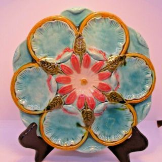 Majolica Oyster Plate Turquoise With Red And White Flower Center Antique