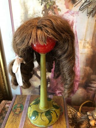 Great Antique Brown Human Hair Sausage Curl Doll Wig
