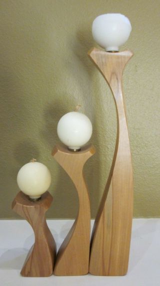 Set 3 Mid Century Modern Danish Wood Candle Holders 15 " / 9 " / 6 " Candles Incl