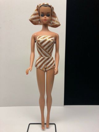 Old Vintage Barbie Doll With Brown Hair And Gold/white Striped Bathing Suit