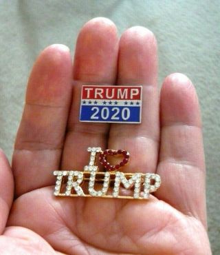 2 Great Trump Pins,  " Trump 2020 " Raised Letter Pin And Rhinestone " I Love Trump "